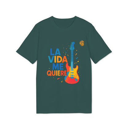 Alt Tag: Camiseta Premium Unisex La Vida Me Quiere Electric Guitarr Drix, camiseta unisex verde con gráfico de guitarra eléctrica y texto “LA VIDA ME QUIERE”