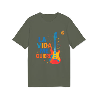 La Vida Me Quiere Electric Guitarr Drix Camiseta Premium Unisex verde oliva con gráfico de guitarra eléctrica y texto “LA VIDA ME QUIERE”