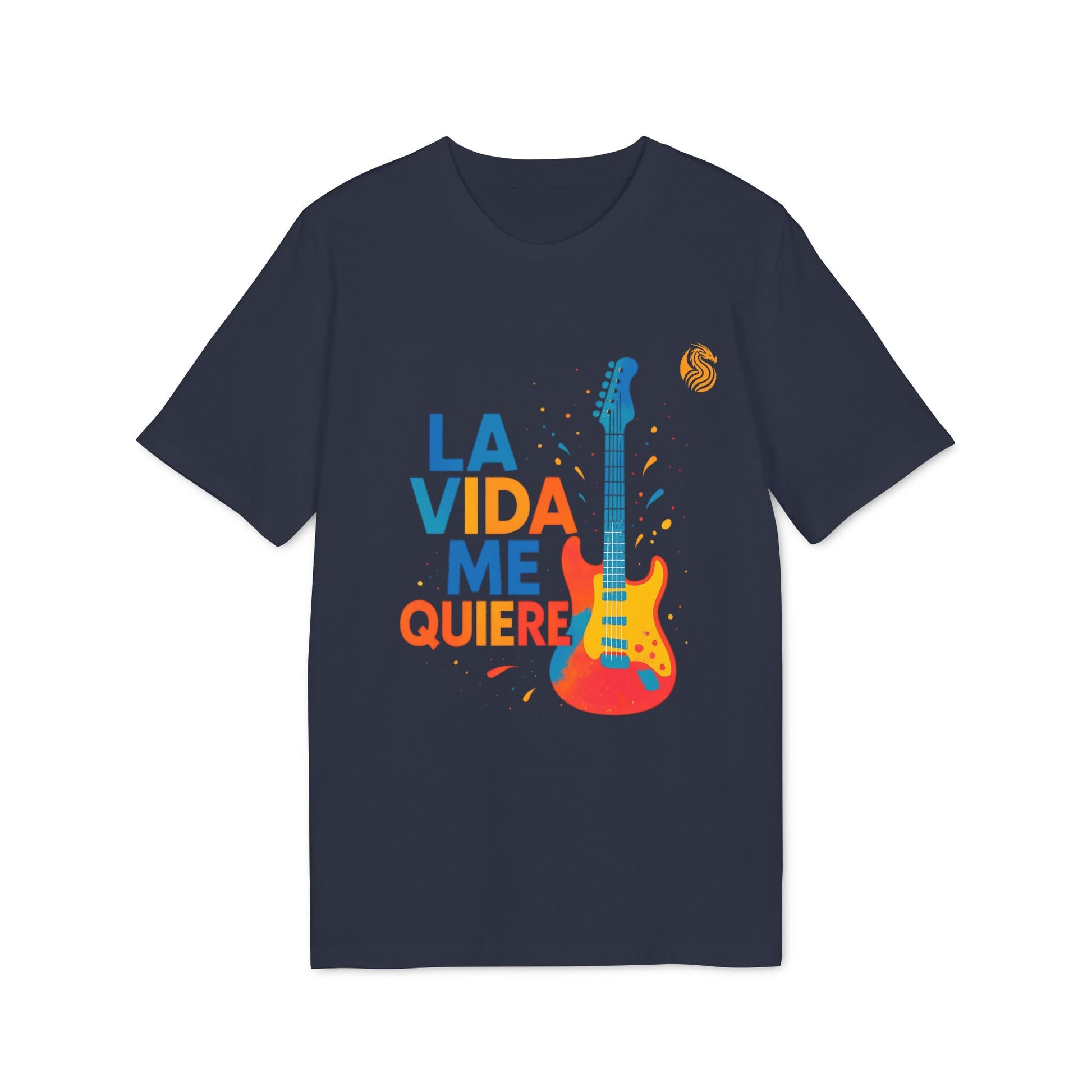 La Vida Me Quiere Electric Guitarr Drix Camiseta Premium Unisex azul marino con diseño de guitarra eléctrica y texto La Vida Me Quiere
