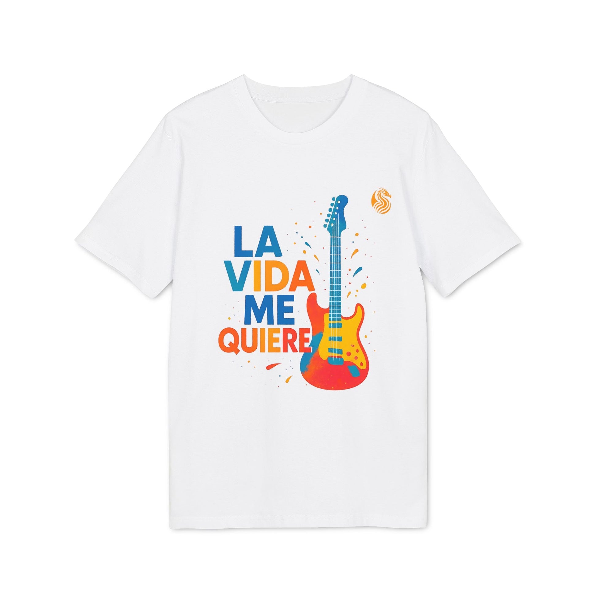 Alt Tag: La Vida Me Quiere Electric Guitarr Drix Camiseta Premium Unisex blanca con gráfico de guitarra eléctrica multicolor y texto “LA VIDA ME QUIERE”