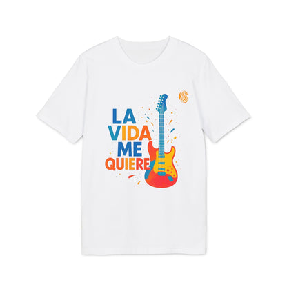 Alt Tag: La Vida Me Quiere Electric Guitarr Drix Camiseta Premium Unisex blanca con gráfico de guitarra eléctrica multicolor y texto “LA VIDA ME QUIERE”