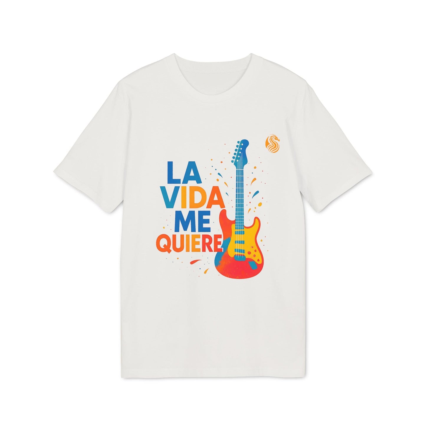 La Vida Me Quiere Electric Guitar Drix Premium Unisex T-Shirt blanca con gráfico de guitarra eléctrica colorida y texto “LA VIDA ME QUIERE”