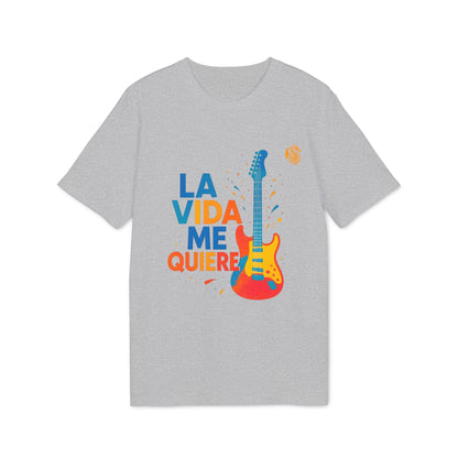 Alt Tag: Camiseta premium Unisex gris La Vida Me Quiere Electric Guitarr Drix con gráfico de guitarra eléctrica y texto “LA VIDA ME QUIERE”