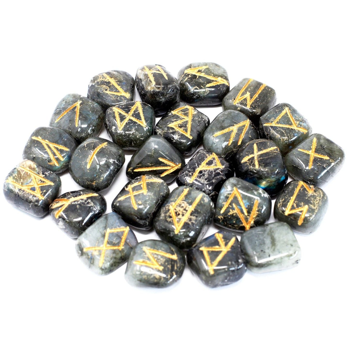 Alt Tag: Labradorite Rune Stone Set – 25 Gemstones, polished labradorite rune stones with gold engraved symbols on white background