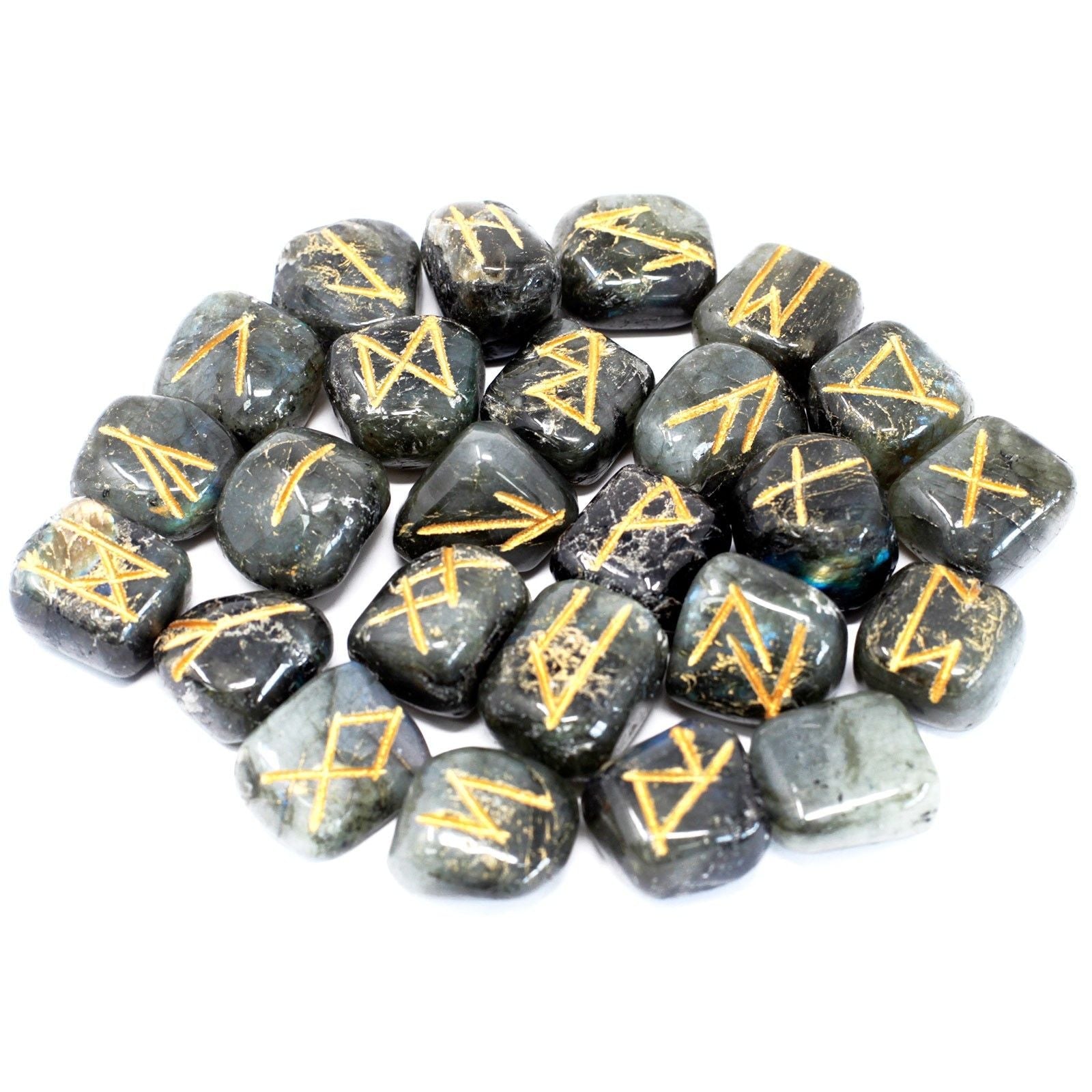 Alt Tag: Labradorite Rune Stone Set – 25 Gemstones, polished labradorite rune stones with gold engraved symbols on white background