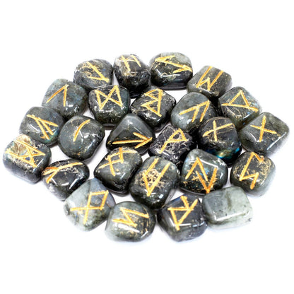 Alt Tag: Labradorite Rune Stone Set – 25 Gemstones, polished labradorite rune stones with gold engraved symbols on white background