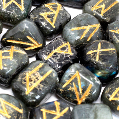 Alt Tag: Labradorite Rune Stone Set – 25 Gemstones with engraved rune symbols on polished labradorite stones and cotton pouch