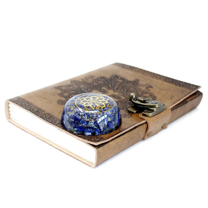 Alt Tag: Lapis Dome Orgonite Power Pack – 6.5x3 CM lapis orgonite dome with gold mandala on embossed leather journal