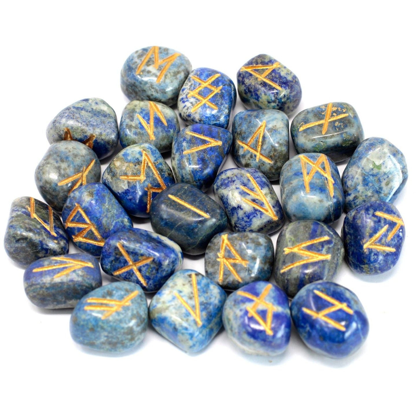 Alt Tag: Lapis Gemstone Rune Set – 11x9 CM, 25 piedras de lapislázuli pulidas con símbolos rúnicos grabados en dorado