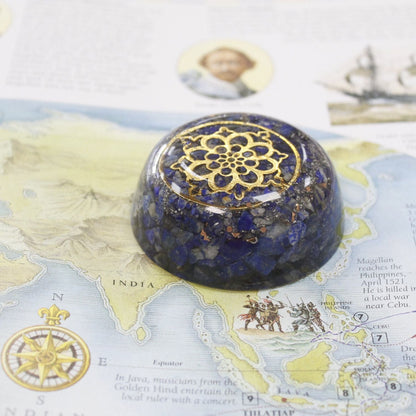 Lapis Dome Orgonite Power Pack – 6.5x3 CM blue gemstone resin dome with gold mandala design on a world map desk