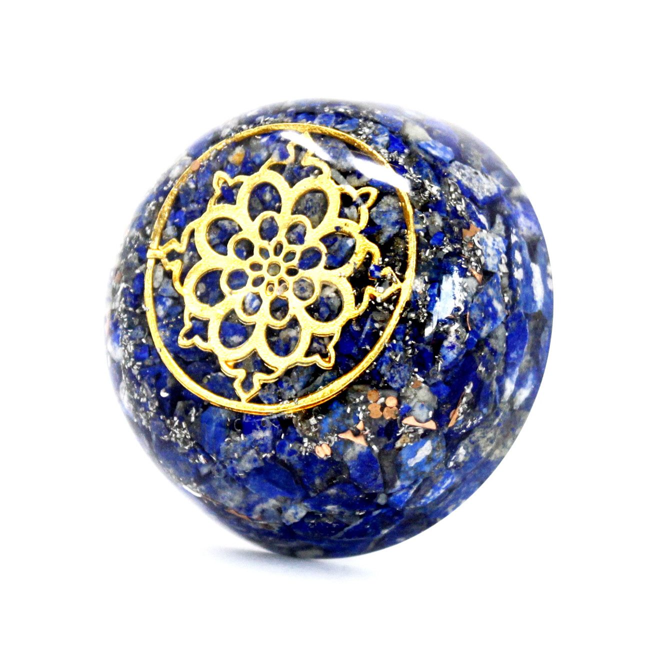 Alt Tag: Lapis Dome Orgonite Power Pack – 6.5x3 CM blue lapis resin dome with gold mandala emblem, gemstone and metal decorative desk piece