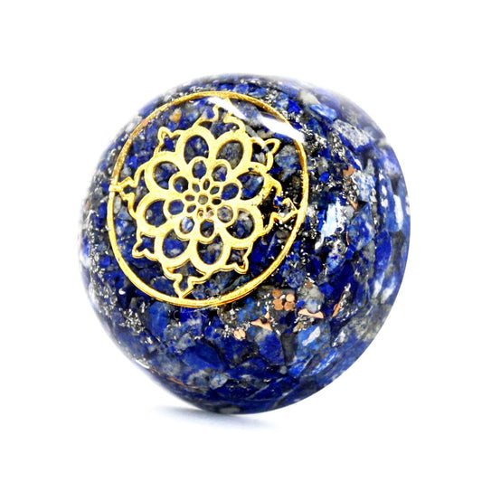 Alt Tag: Lapis Dome Orgonite Power Pack – 6.5x3 CM blue lapis resin dome with gold mandala emblem, gemstone and metal decorative desk piece