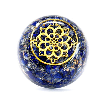 Lapis Dome Orgonite Power Pack – 6.5x3 CM blue orgonite dome with gold mandala design, resin, gemstones and metal on white background