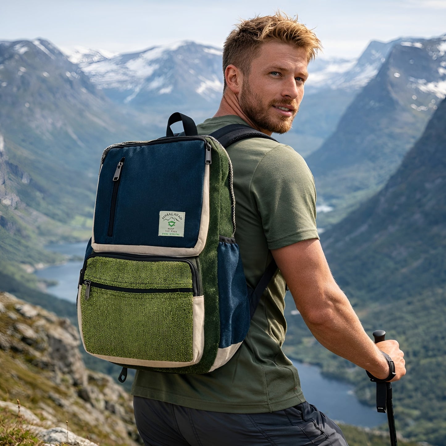 Alt-tag: Stor boxig ryggsäck i hampa – Teal & Sage buren av vandrare utomhus, strukturerad boxig ryggsäck med framficka och dragkedja