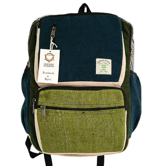 Alt Tag: Large Boxy Hemp Backpack – Teal & Sage structured hemp-cotton backpack with front zip pocket in teal and sage