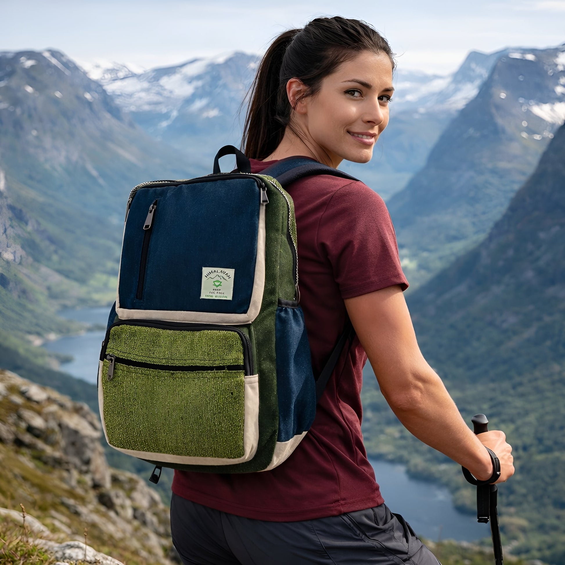 Alt Tag: Stor boxig ryggsäck i hampa – Teal & Sage buren av vandrare utomhus, strukturerad boxig ryggsäck i hampa-bomull i teal och sage