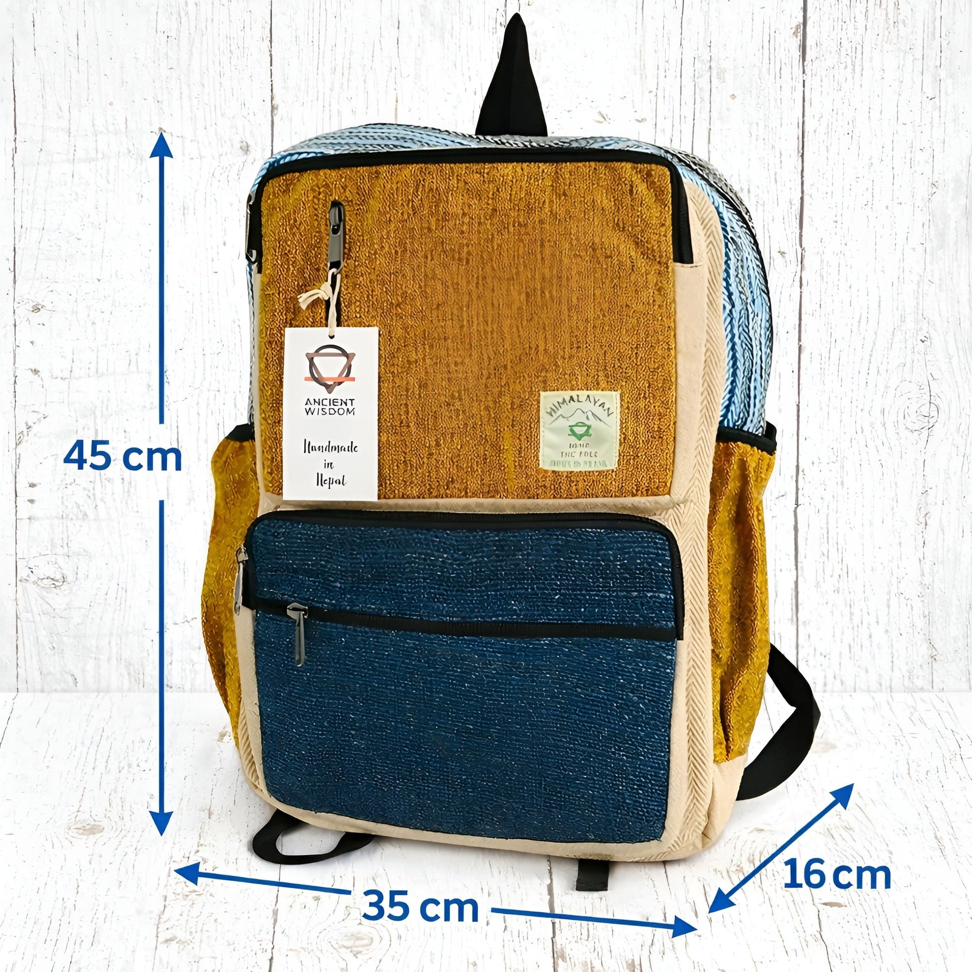 Large Boxy Hemp Backpack – Teal & Turmeric with boxy design, front zip pocket, 45 cm tall, 35 cm wide, 16 cm deep