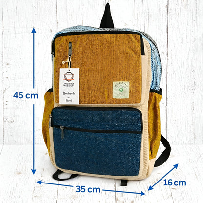 Large Boxy Hemp Backpack – Teal & Turmeric with boxy design, front zip pocket, 45 cm tall, 35 cm wide, 16 cm deep