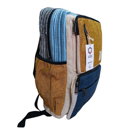 Large Boxy Hemp Backpack – Teal & Turmeric, mochila artesanal de cáñamo y algodón con diseño estructurado y bolsillos con cremallera