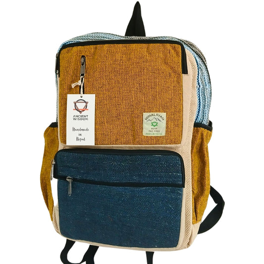 Large Boxy Hemp Backpack – Teal & Turmeric with boxy structured design, front zip pocket and top handle, handmade hemp cotton backpack