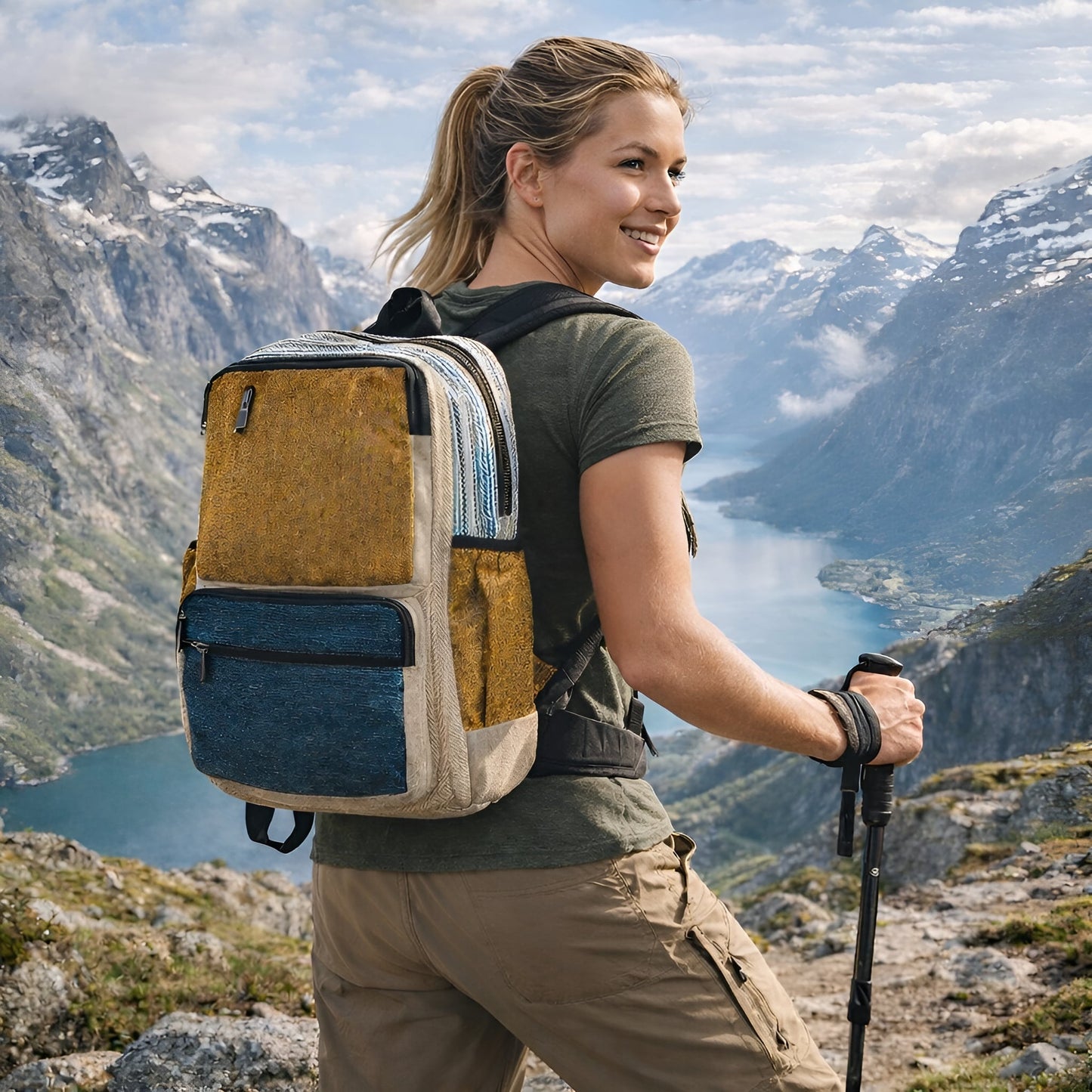 Large Boxy Hemp Backpack – Teal & Turmeric worn by hiker on mountain trail, boxy teal and turmeric backpack with zip pockets