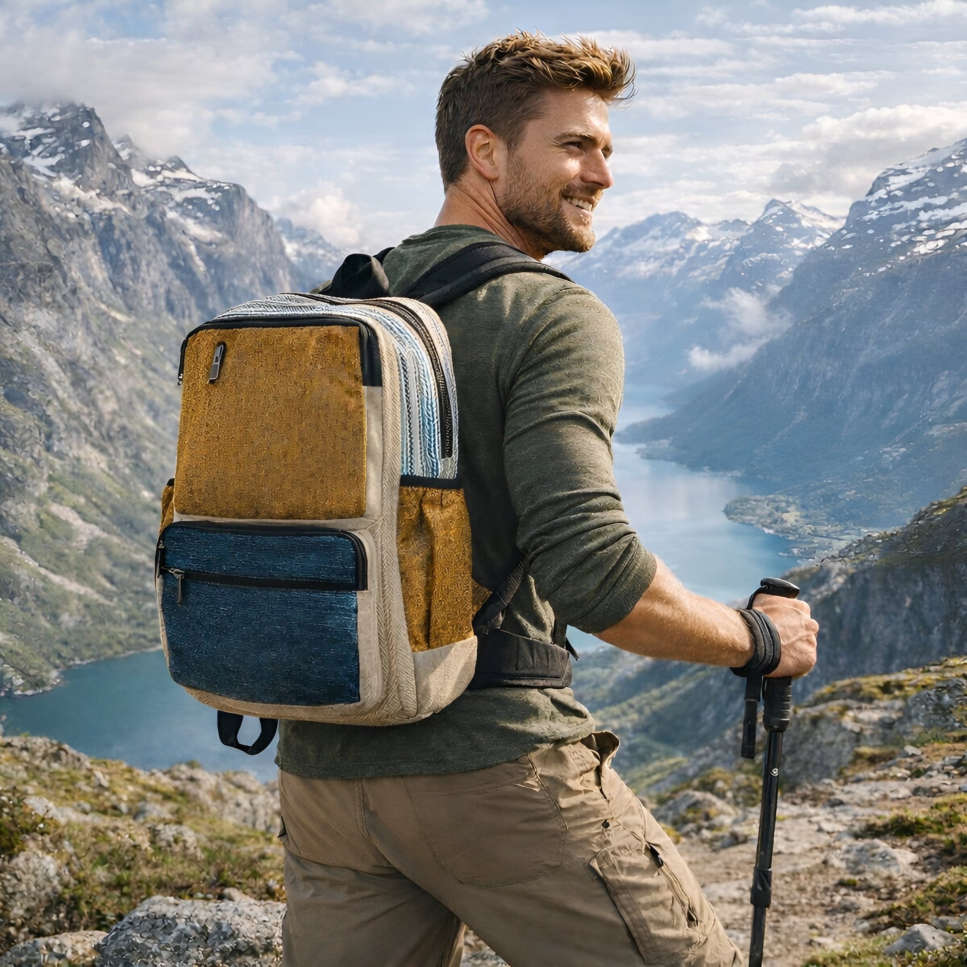Large Boxy Hemp Backpack – Teal & Turmeric on hiker with trekking pole overlooking mountain lake, structured boxy backpack