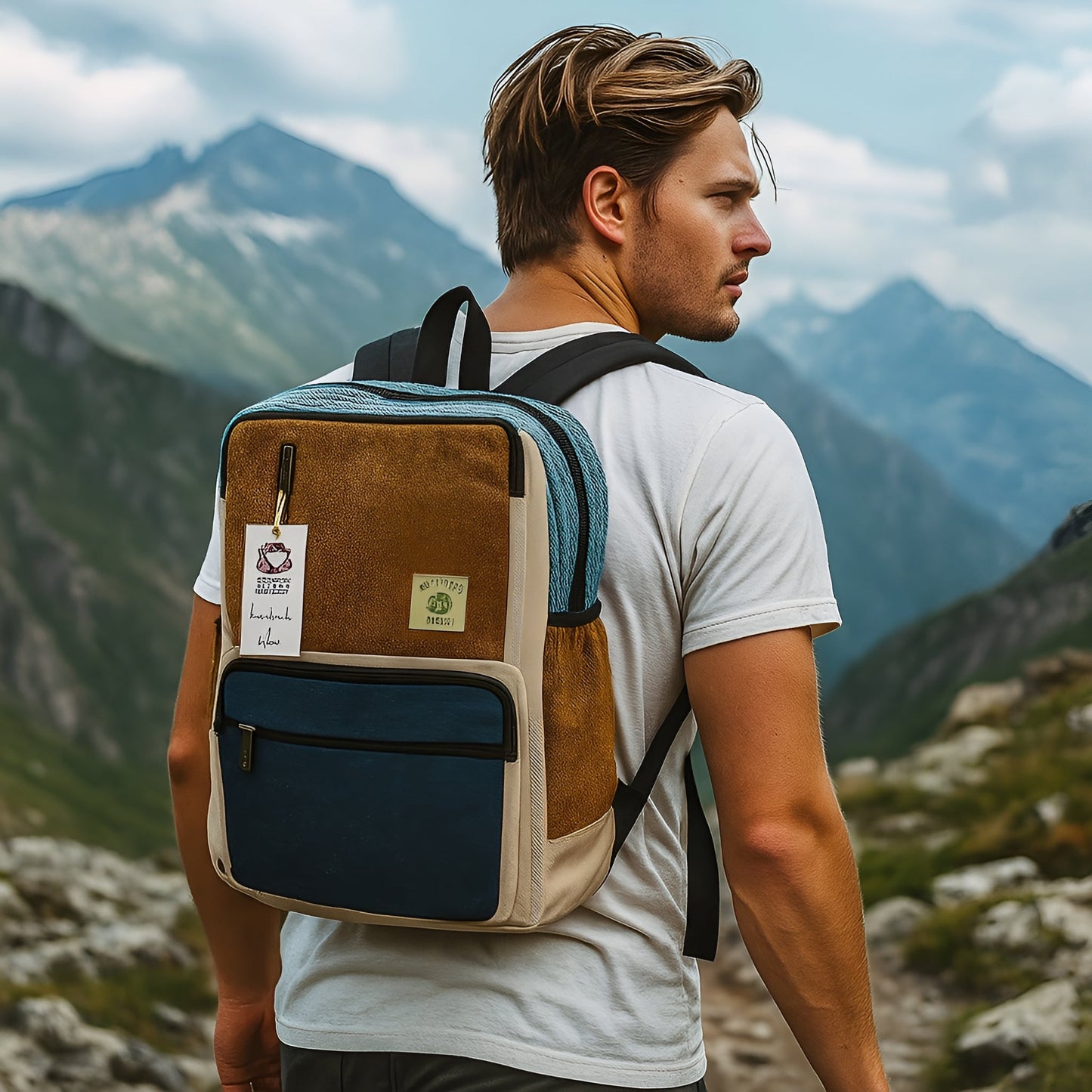 Large Boxy Hemp Backpack – Teal & Turmeric on traveler in mountains, handmade hemp and cotton, structured boxy design