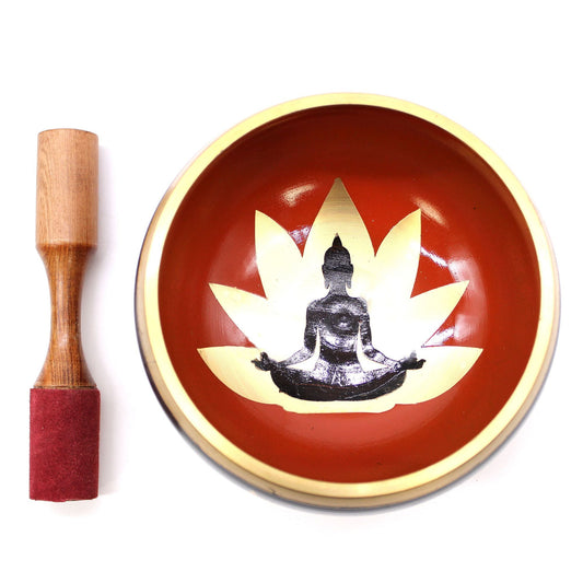 Alt Tag: Large Buddha Singing Bowl Set – Black/Orange 14 CM with orange bowl, Buddha motif inside, and wooden mallet
