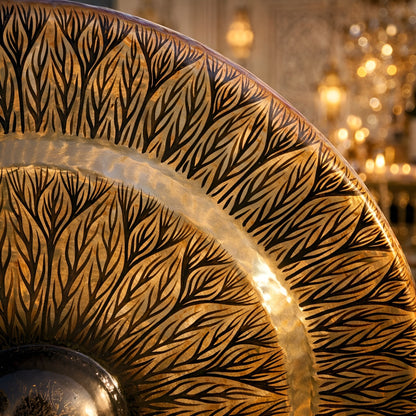 Alt Tag: Large Gong in Brown Antique Stand - 80cm - Black - pattern close-up of black patterned gong surface with gold highlights