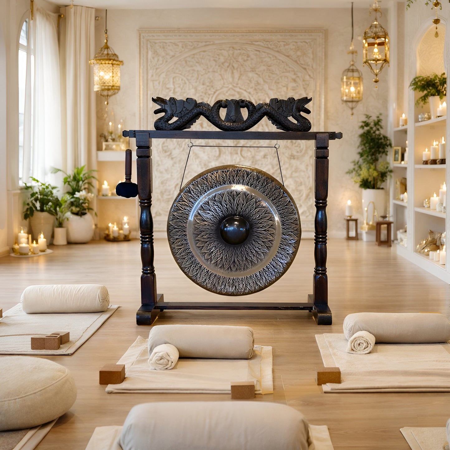 Alt Tag: Large Gong in Brown Antique Stand - 80cm - Black - pattern, handcrafted black patterned gong hanging on carved brown antique wooden stand