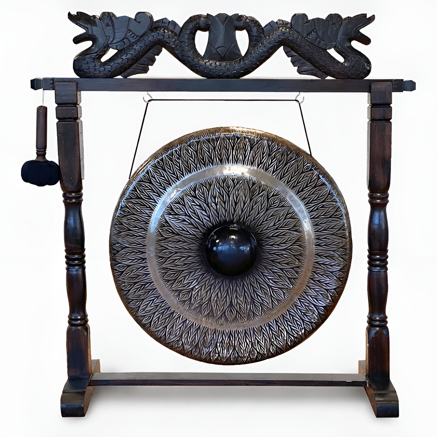 Alt Tag: Large Gong in Brown Antique Stand - 80cm - Black - pattern, handcrafted black patterned gong on carved antique brown wooden stand