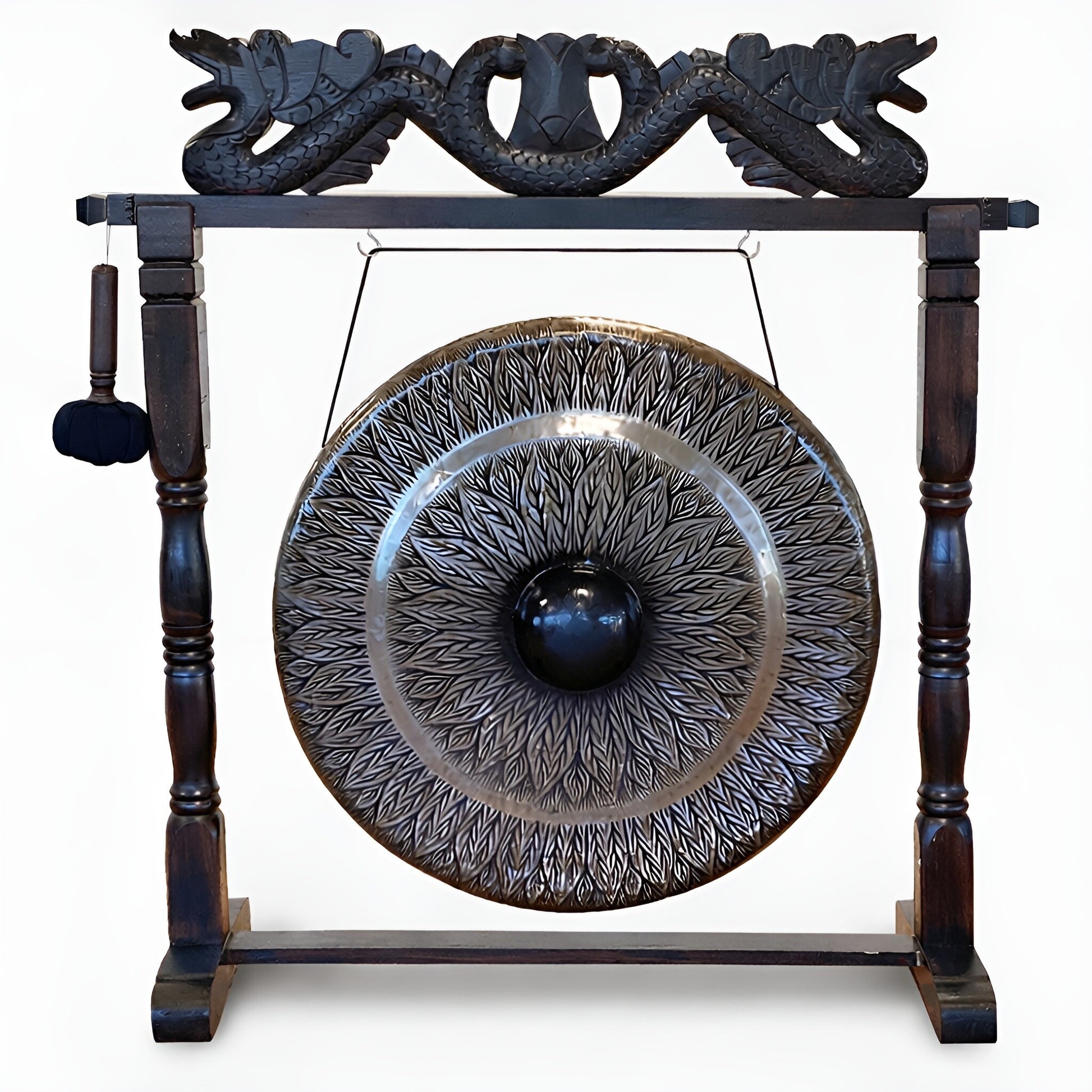Alt Tag: Large Gong in Brown Antique Stand - 80cm - Black - pattern, handcrafted black patterned gong on carved antique brown wooden stand