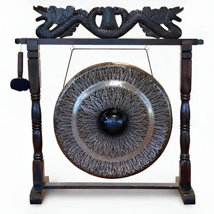 Alt Tag: Large Gong in Brown Antique Stand - 80cm - Black - pattern, handcrafted black patterned gong on carved antique brown wooden stand