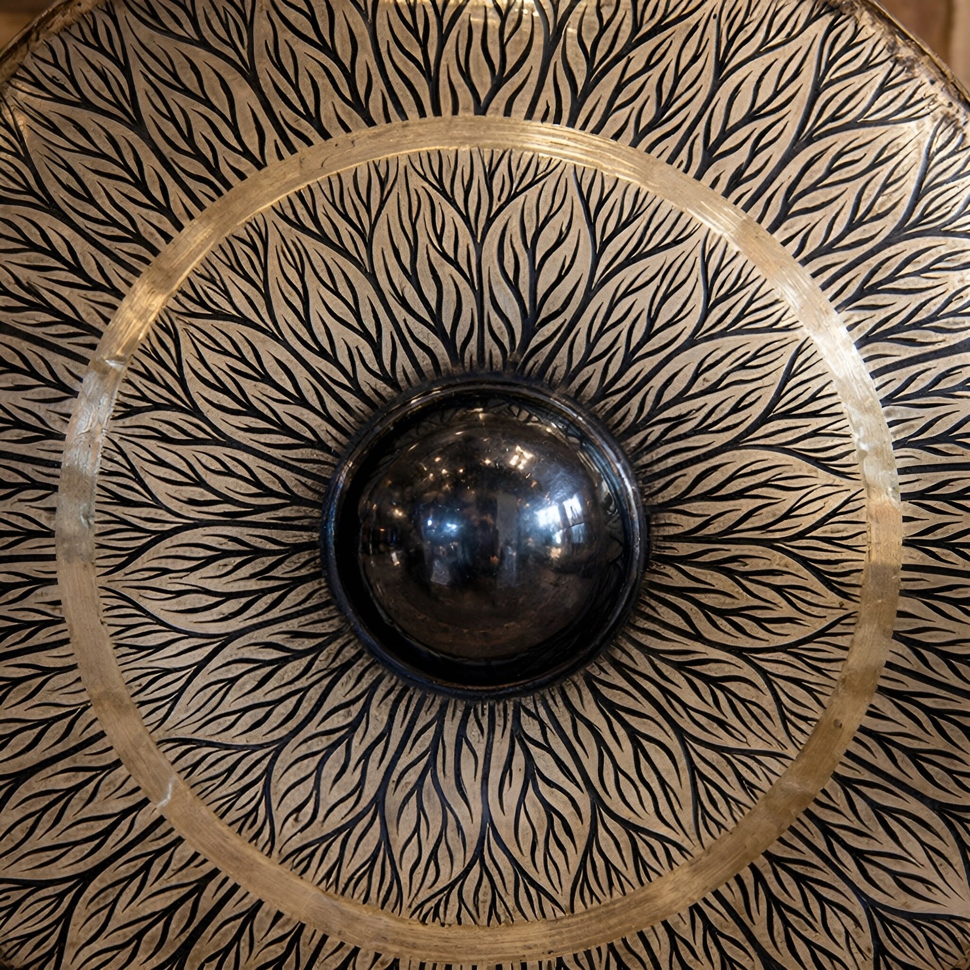 Alt Tag: Large Gong in Brown Antique Stand - 80cm - Black - pattern close-up of black patterned gong face with central dome