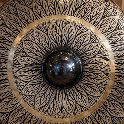 Alt Tag: Large Gong in Brown Antique Stand - 80cm - Black - pattern close-up of black patterned gong face with central dome