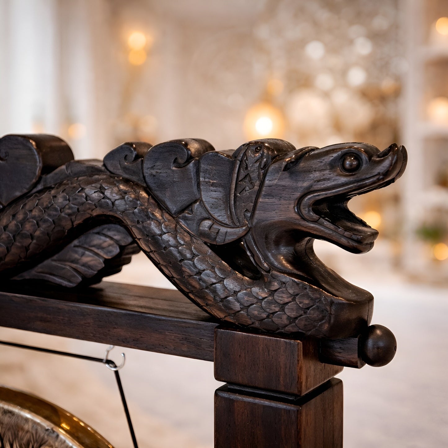 Large Gong in Brown Antique Stand - 80cm - Black - pattern, close-up of carved antique brown wooden stand with dragon head detail