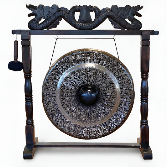 Alt Tag: Large Gong in Brown Antique Stand - 80cm - Black - pattern handcrafted black patterned gong in carved brown antique wood stand