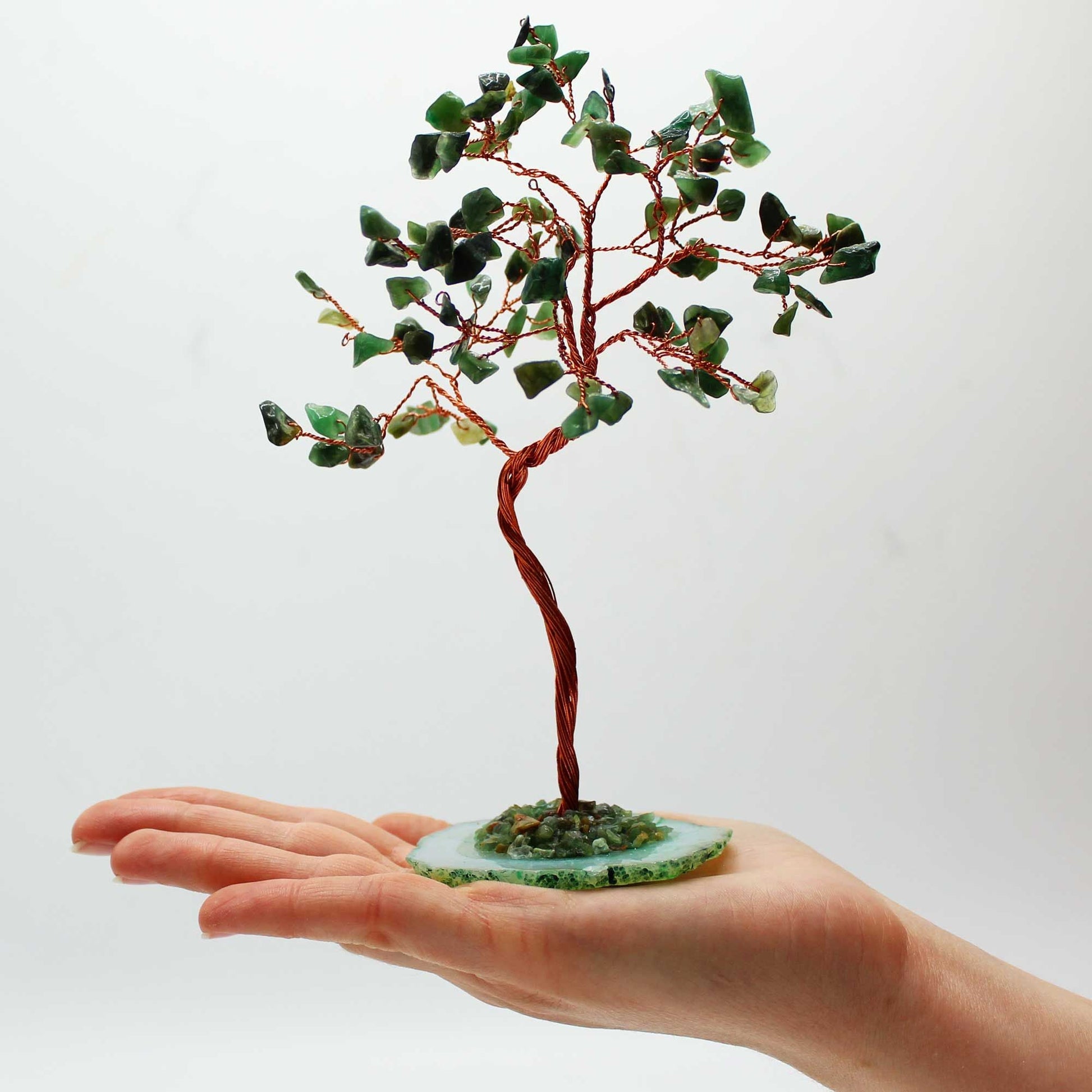Large Green Aventurine Gemstone Tree – 100 Stones held in hand, copper wire bonsai with green aventurine chips on green agate base