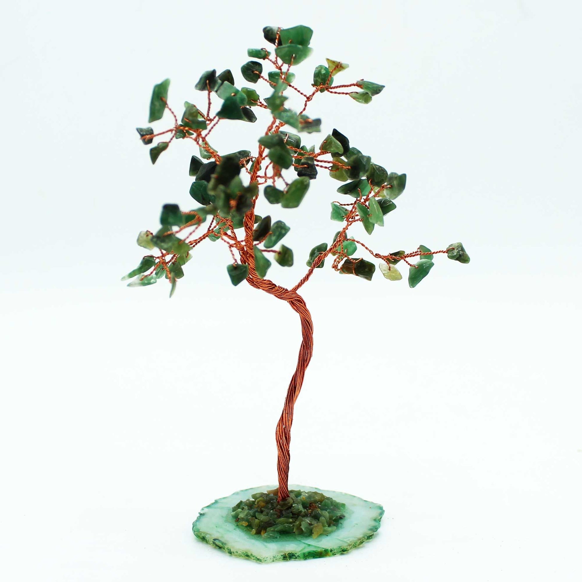 Large Green Aventurine Gemstone Tree – 100 Stones with green aventurine chip leaves, copper wire branches and green agate base