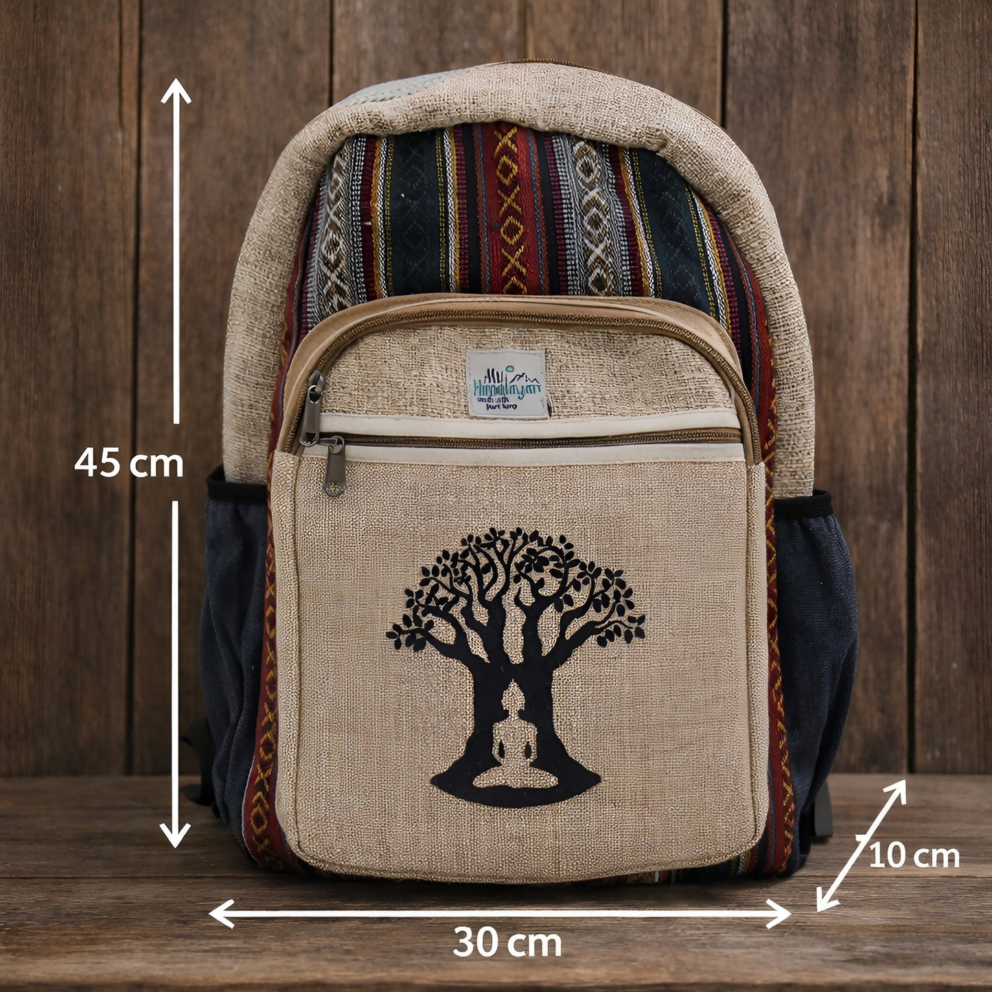Stor hemp-ryggsäck – Bohdi Tree Design med Bodhi-trädtryck, 45 cm hög x 30 cm bred x 10 cm djup, hemp- och bomullstyg