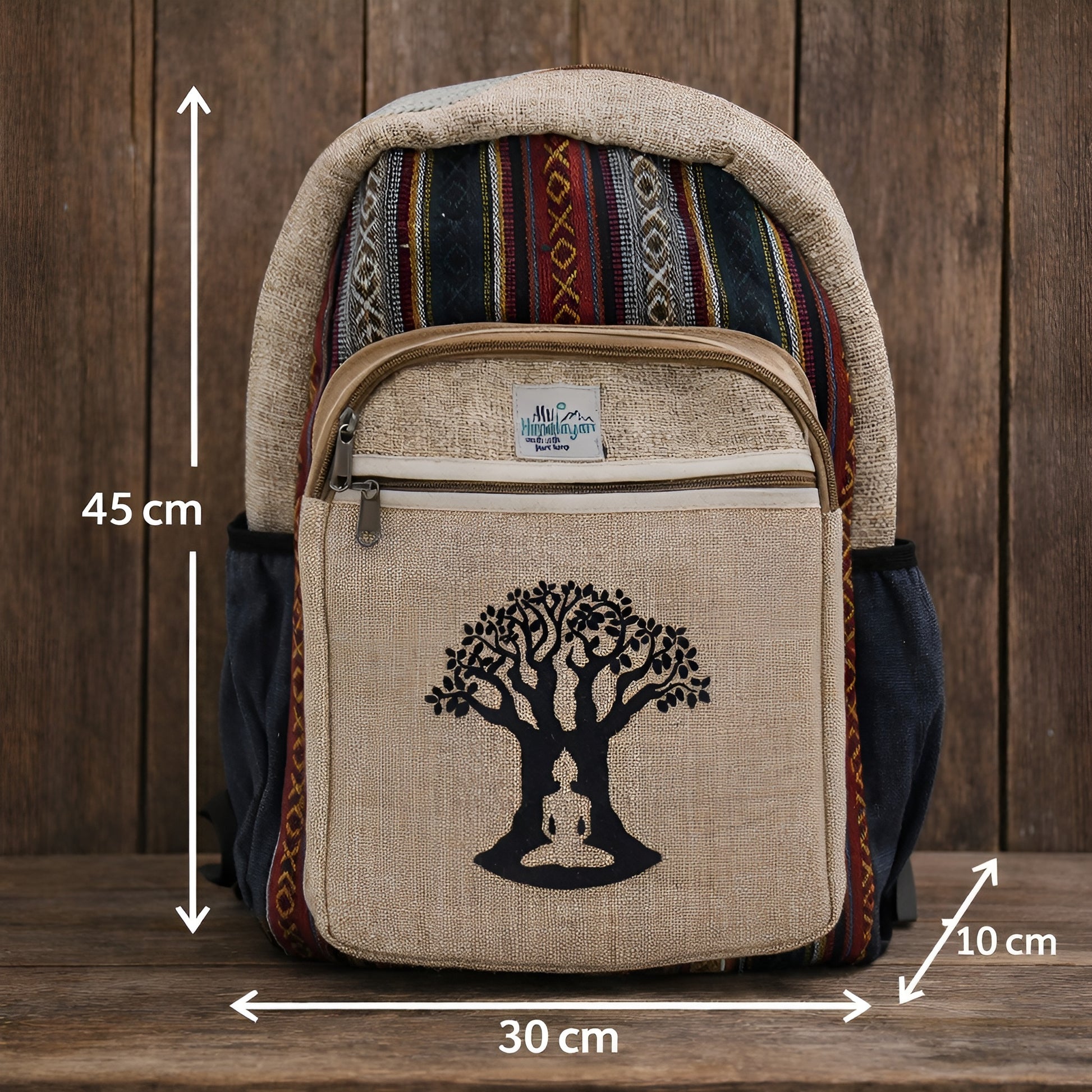 Stor hemp-ryggsäck – Bohdi Tree Design med Bodhi-trädtryck, 45 cm hög x 30 cm bred x 10 cm djup, hemp- och bomullstyg