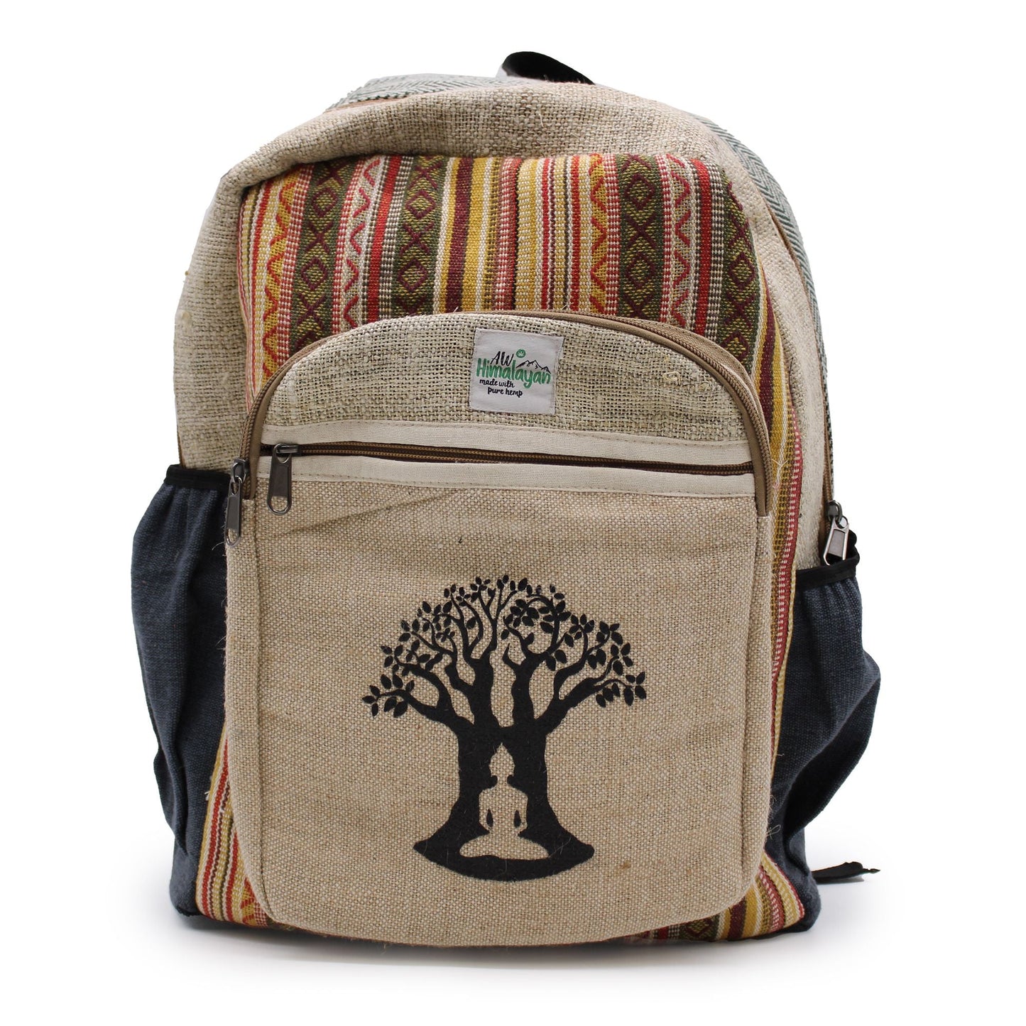 Alt Tag: Stor ryggsäck i hampa - Bohdi Tree Design handgjord ryggsäck i hampa och bomull med framficka med dragkedja och bodhiträdstryck