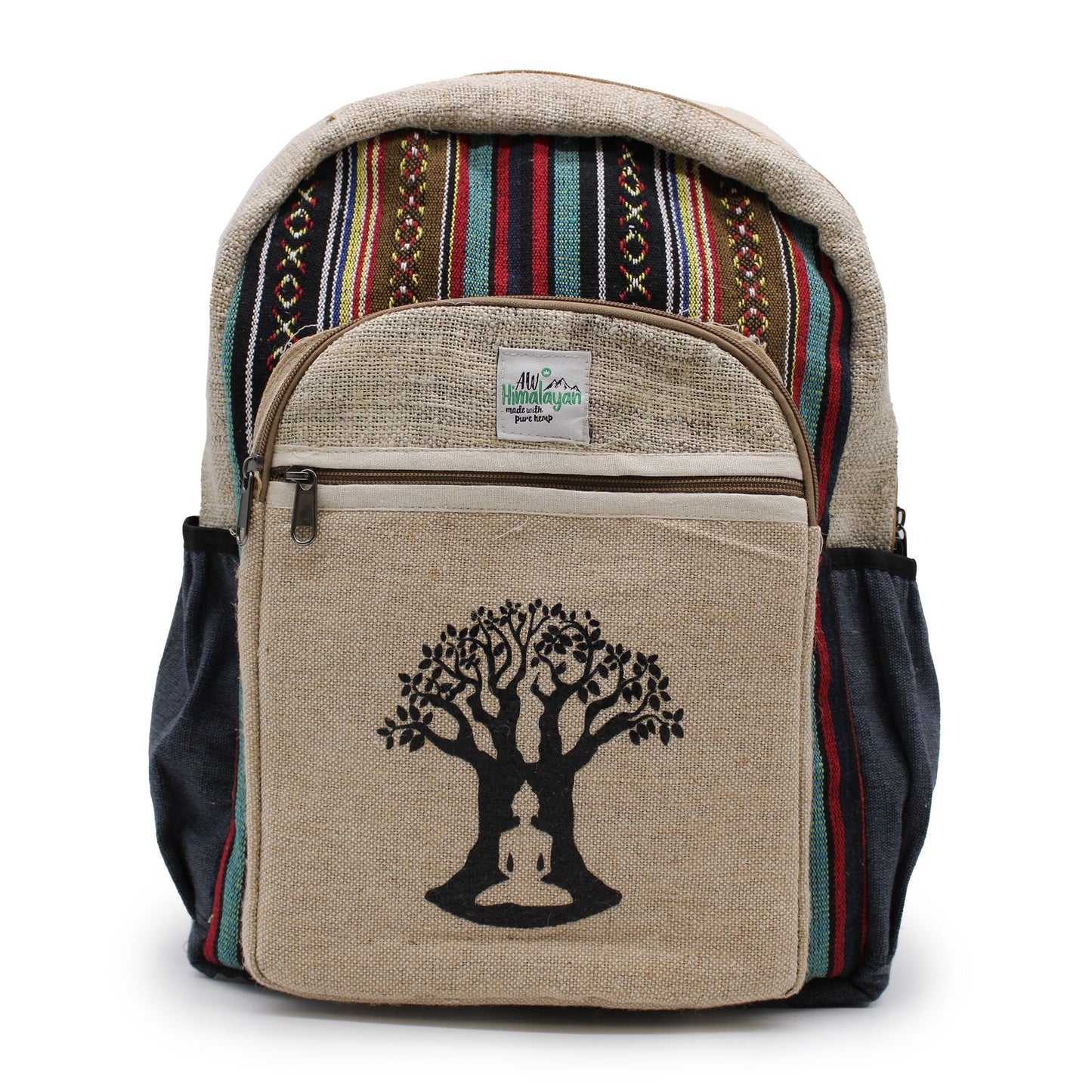 Stor ryggsäck i hampa – Bohdi Tree Design beige ryggsäck i hampa och bomull med framficka med dragkedja och svart Bodhi tree-tryck