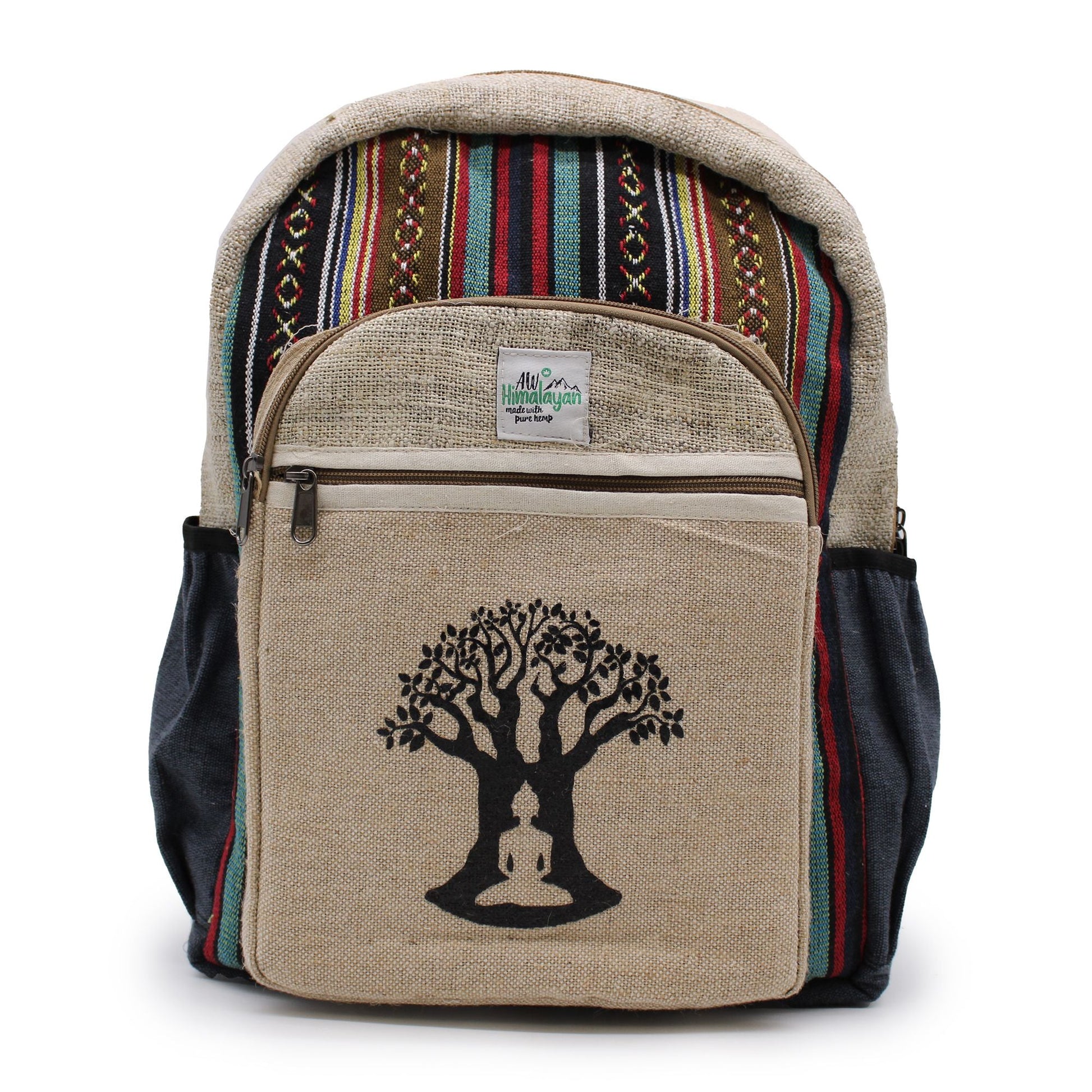 Stor ryggsäck i hampa – Bohdi Tree Design beige ryggsäck i hampa och bomull med framficka med dragkedja och svart Bodhi tree-tryck