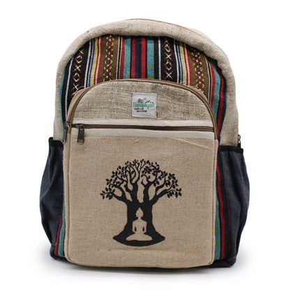 Stor ryggsäck i hampa – Bohdi Tree Design beige ryggsäck i hampa och bomull med framficka med dragkedja och svart Bodhi tree-tryck