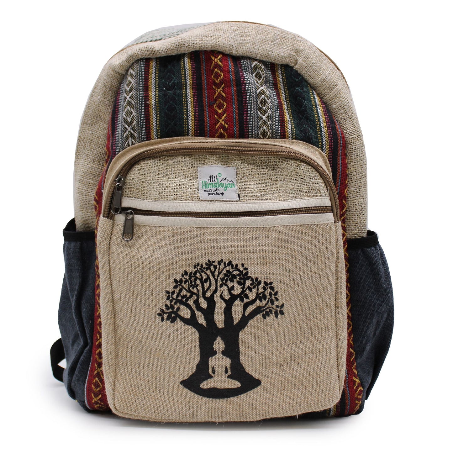 Stor ryggsäck i hampa - Bohdi Tree Design, handgjord ryggsäck i hampa och bomull med framficka och Bodhi-trädtryck