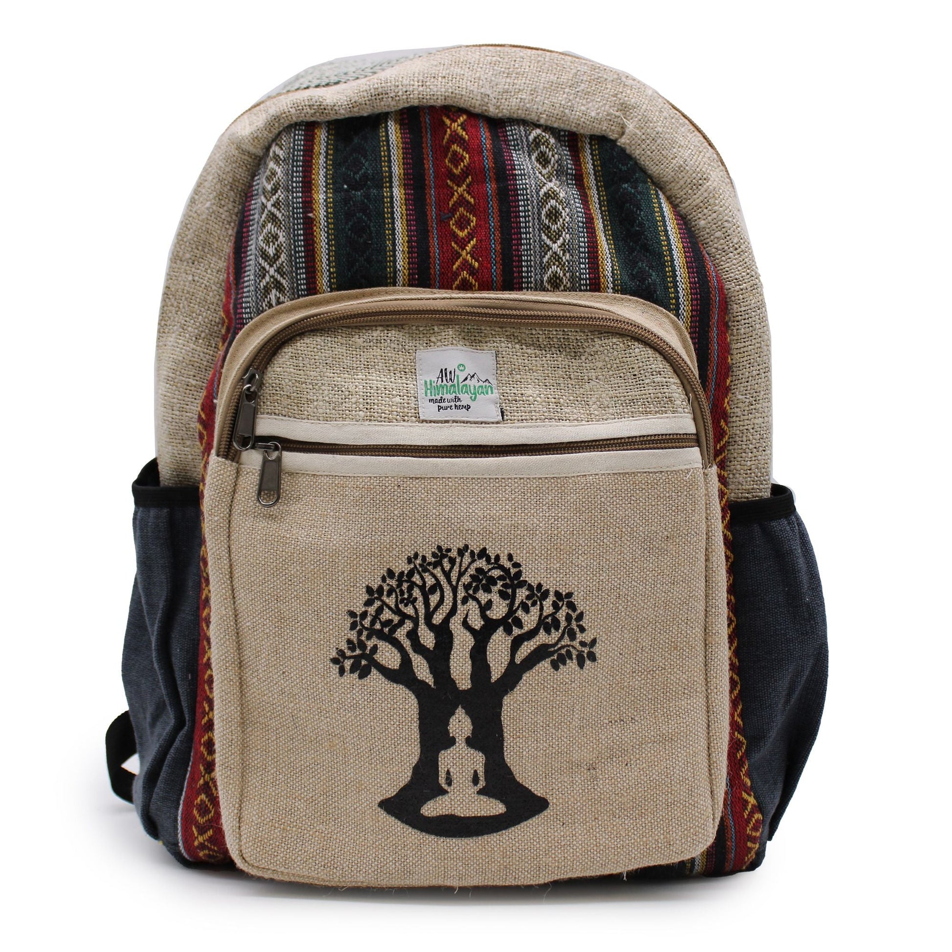 Stor ryggsäck i hampa - Bohdi Tree Design, handgjord ryggsäck i hampa och bomull med framficka och Bodhi-trädtryck