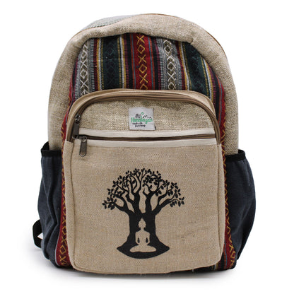 Stor ryggsäck i hampa - Bohdi Tree Design, handgjord ryggsäck i hampa och bomull med framficka och Bodhi-trädtryck