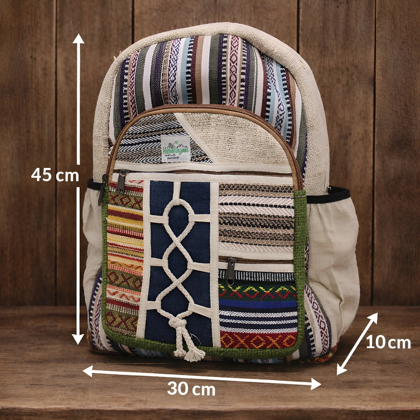 Stor hampa-ryggsäck - Rope & Pockets Style med framficka och dragsnöre, vävt patchwork; mått 45x30x10 cm