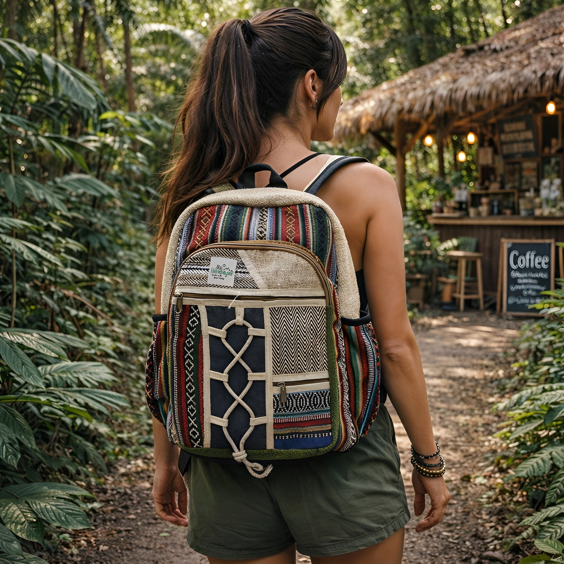 Alt-tagg: Stor ryggsäck i hampa - Rope & Pockets Style bärs utomhus; naturlig ryggsäck i hampa och bomull med repdetaljer och flera fickor